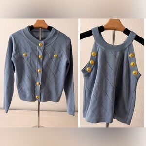 ✨ Dusty Blue Top & Cardigan Set with Gold Buttons – Classic Soft Elegance ✨